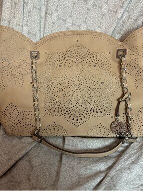 Jessica Simpson Beige Laser-Cut Tote Bag with Chain Handles
